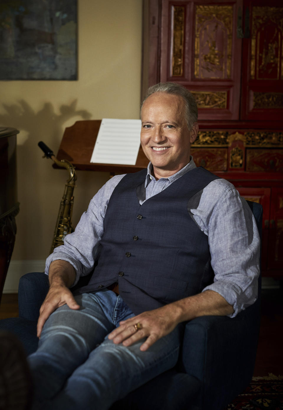 Grammy-winning jazz saxophonist-composer Ted Nash poses for a portrait in New York on May 4, 2021. Nash is releasing an album with actress Glenn Close on Friday. “Transformation: Personal Stories of Change, Acceptance, and Evolution,” is an 11-track spoken word jazz album that tackles heavy topics like race, politics and identity. (Photo by Matt Licari/Invision/AP)