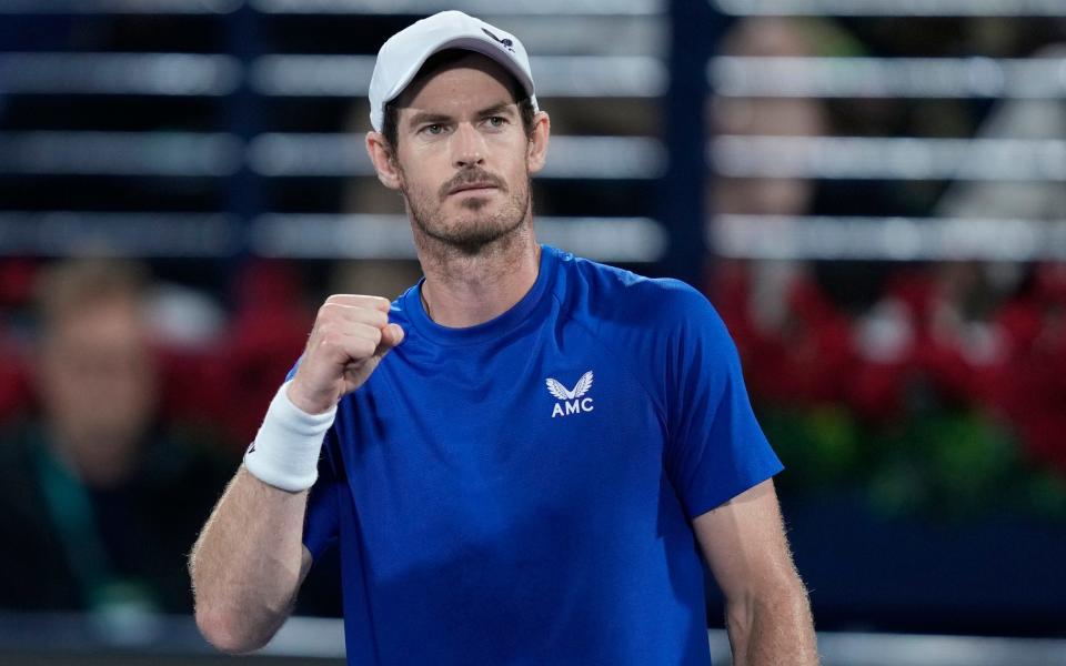 Andy Murray celebrates after his first-round victory in Dubai