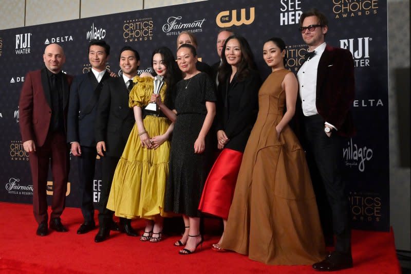 Left to right, Michael Ellenberg, Soji Arai, Jin Ha, Minha Kim, Lindsey Springer, President, Scripted TV, Media Res Studio, Soo Hugh, Theresa Kang, CEO, Blue Marble Pictures, Anna Sawai and Jimmi Simpson appear backstage with the award for Foreign Language Series for "Pachinko" during the Critics' Choice Awards in Los Angeles on January 15. File Photo by Jim Ruymen/UPI