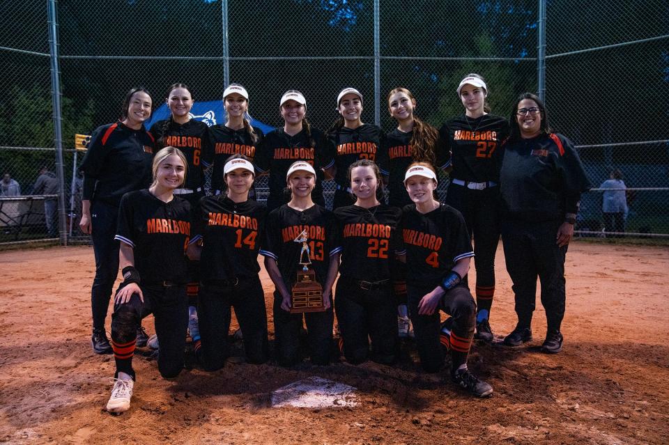 Marlboro poses while celebrating its win over Pine Plains in the Mid Hudson Athletic League softball final on May 13, 2024 at Tony Williams Park in Highland.