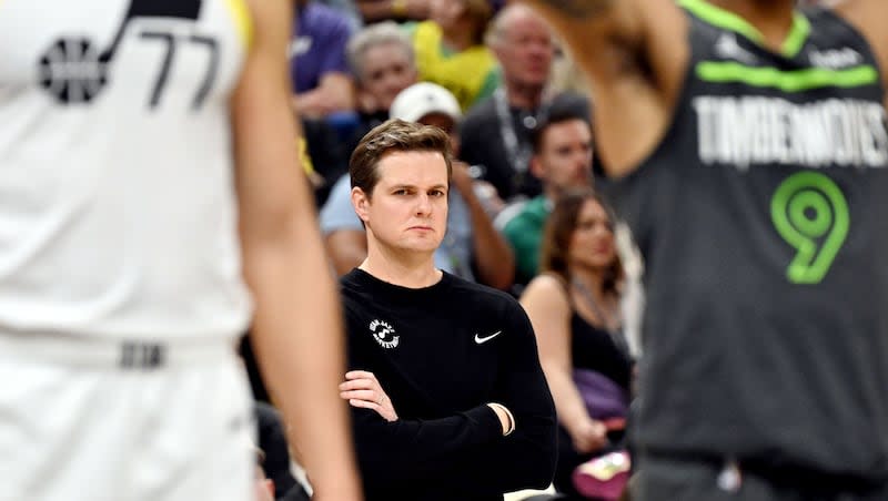 Utah Jazz head coach Will Hardy watches a free throw as the Utah Jazz and Minnesota Timberwolves play at the Delta Center in Salt Lake City on Saturday, March 16, 2024. Minnesota won 119-100.
