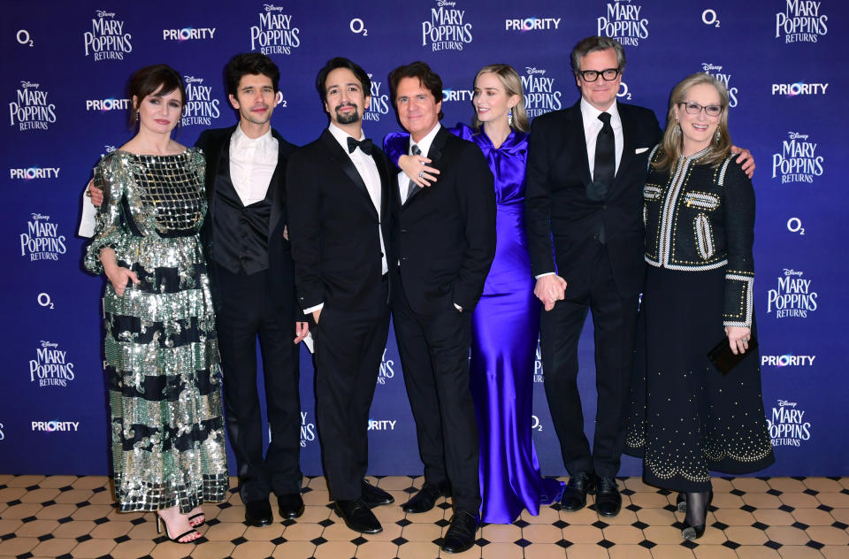 (left to right) Emily Mortimer, Ben Whishaw, Lin-Manuel Miranda, Rob Marshall, Emily Blunt, Colin Firth and Meryl Streep star together in Mary Poppins Returns (Ian West/PA)