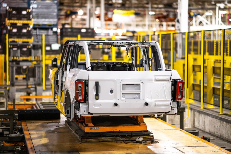 The first early pre-production 2021 Ford Bronco on the assembly line. This image was taken on Tuesday, September 22, 2020 at the Michigan Assembly Plant in Wayne, Michigan.