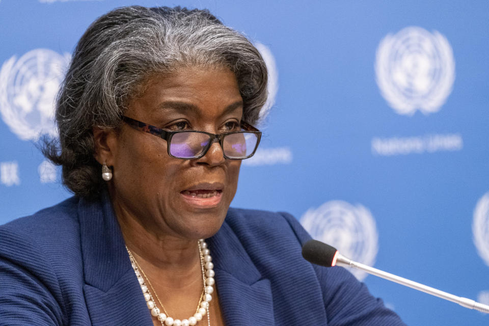 FILE - In this March 1, 2021 file photo, U.S. Ambassador to the United Nations, Linda Thomas-Greenfield speaks to reporters during a news conference at United Nations headquarters. President Joe Biden is facing a fresh challenge to his oft-repeated commitment to diversity in his administration: assembling a diplomatic corps that gives a nod to key political allies and donors while staying true to a campaign pledge to appoint ambassadors who look like America. (AP Photo/Mary Altaffer, File)