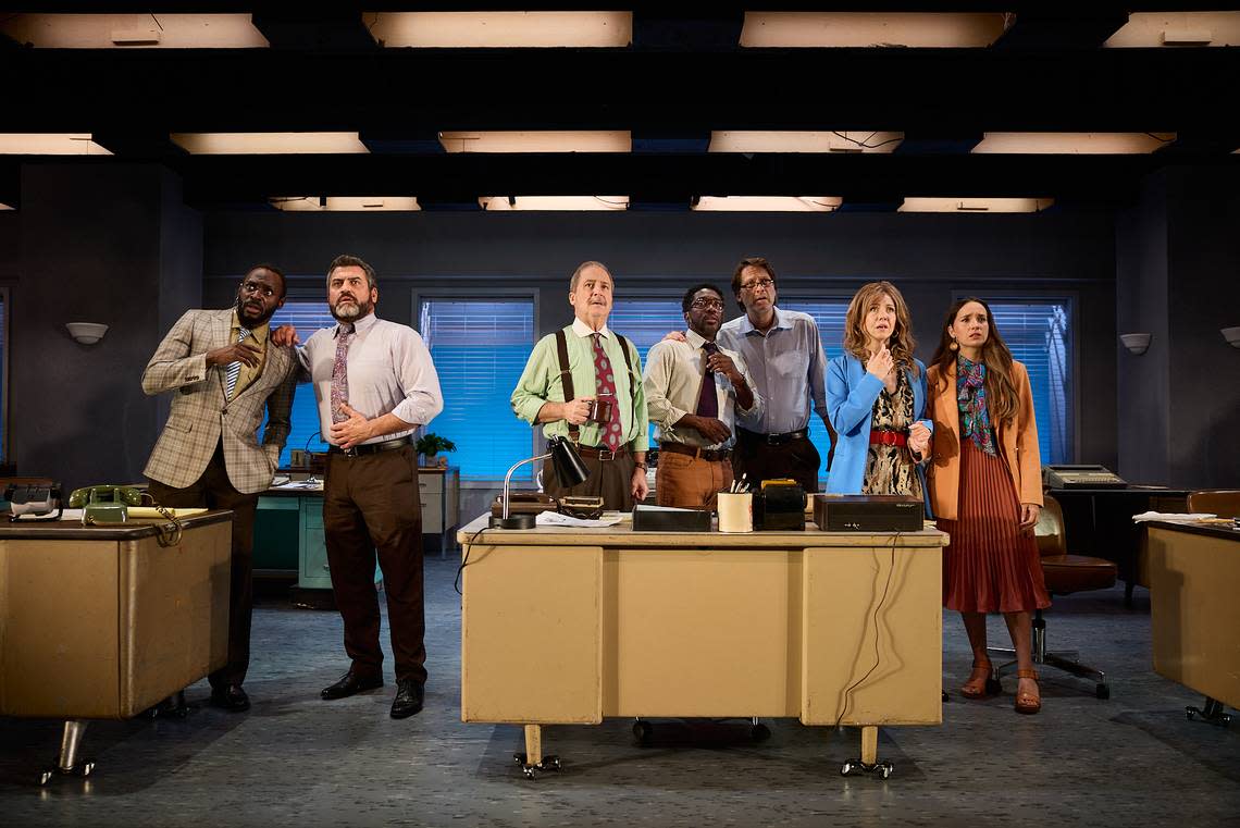 Reporters and editors watch as television coverage of the Miami riots begins in the Miami New Drama world premiere of “Dangerous Days” at the Colony Theatre, Miami Beach, which begins in previews on Thursday, April 8.