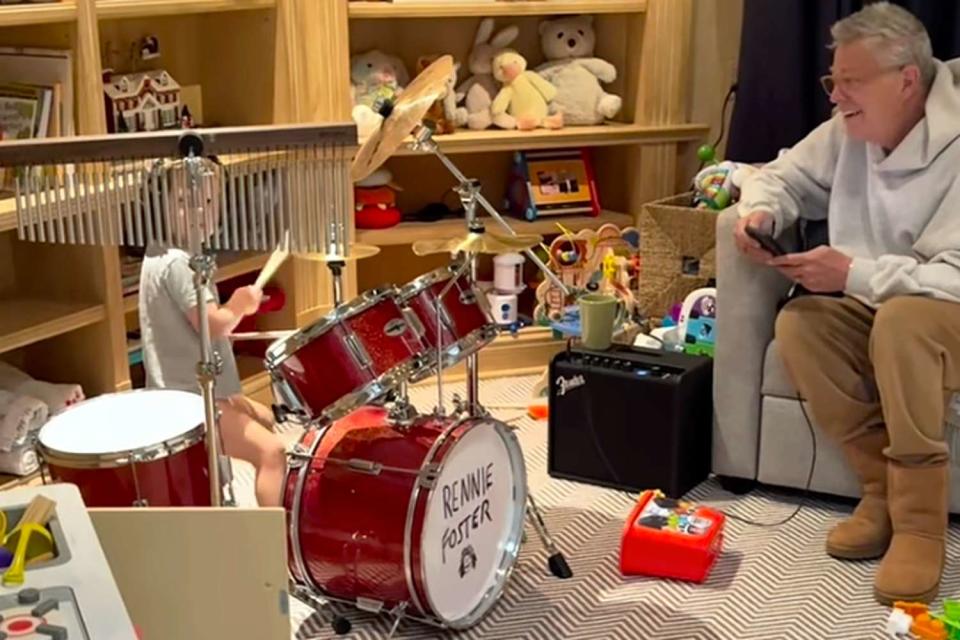 <p>David Foster/Instagram</p> Rennie Foster playing the drums for dad David Foster