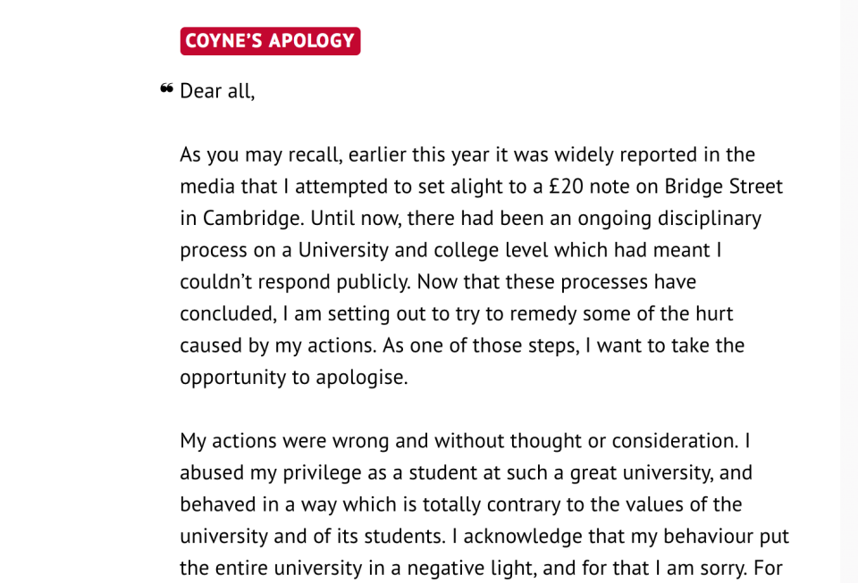 <em>Apology – Coyne’s full apology was sent to fellow students and printed in the Varsity newspaper (Picture: Varsity)</em>