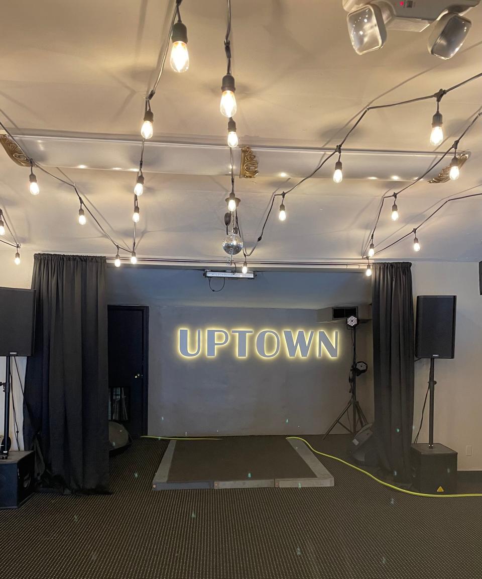 The Uptown Theatre lobby, where owners have held events such as comedy performances and hip-hop nights while renovations of the main theater are underway.