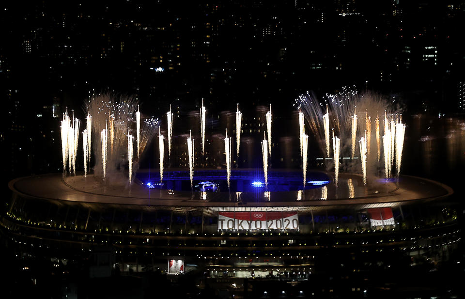 TOKYO, JAPAN - AUGUST 8, 2021: A firework display during the closing ceremony of the 2020 Summer Olympic Games at the Japan National Stadium (a.k.a the Olympic Stadium). The Olympic Games were held amid the COVID-19 pandemic. The closing ceremony features live and pre-recorded elements. Valery Sharifulin/TASS (Photo by Valery Sharifulin\TASS via Getty Images)