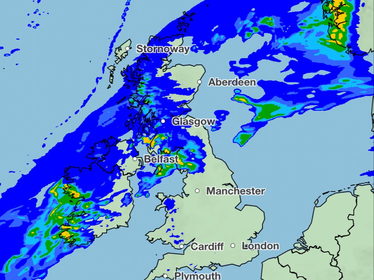 Many areas in the north of Scotland are expected to be hit with heavy downpours - the image shows north western Scotland impacted on Sunday evening (The Met Office)