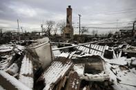 A fire-scorched landscape of Breezy Point is shown after a Nor'easter snow, Thursday, Nov. 8, 2012 in New York. The beachfront neighborhood was devastated during Superstorm Sandy when a fire pushed by the raging winds destroyed many homes. (AP Photo/Mark Lennihan)