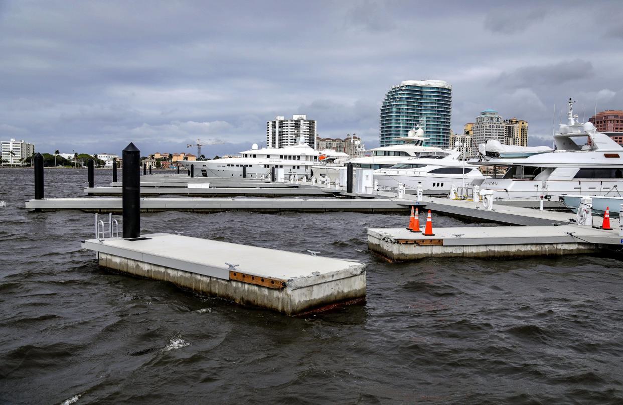 A piece of the Peruvian dock at the Town of Palm Beach Marina was found broken off the night after hurricane Ian passed through the state of Florida September 29, 2022.