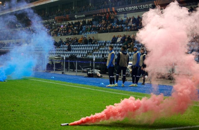 Flares were thrown onto the pitch during Genk's clash with West Ham 