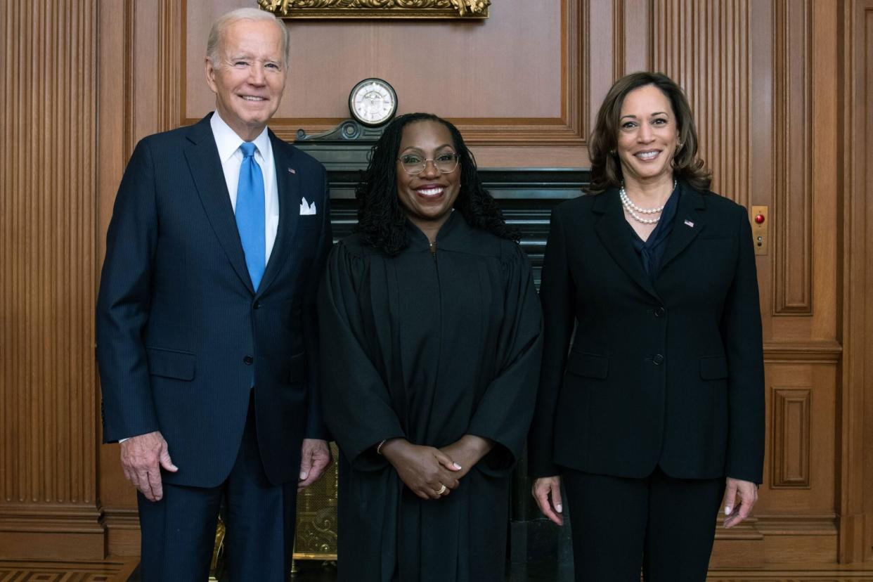 WASHINGTON, DC - SEPTEMBER 30: (EDITORIAL USE ONLY) In this handout provided by the Collection of the Supreme Court of the United States, (L-R) U.S. President Joseph R. Biden, Jr., Vice President Kamala Harris, and Justice Ketanji Brown Jackson pose at a courtesy visit in the Justices Conference Room prior to the investiture ceremony of Associate Justice Ketanji Brown Jackson September 30, 2022 in Washington, DC. President Joseph R. Biden, Jr., First Lady Dr. Jill Biden, Vice President Kamala Harris, and Second Gentleman Douglas Emhoff attended as guests of the Court. On June 30, 2022, Justice Jackson took the oaths of office to become the 104th Associate Justice of the Supreme Court of the United States. (Photo by Collection of the Supreme Court of the United States via Getty Images)