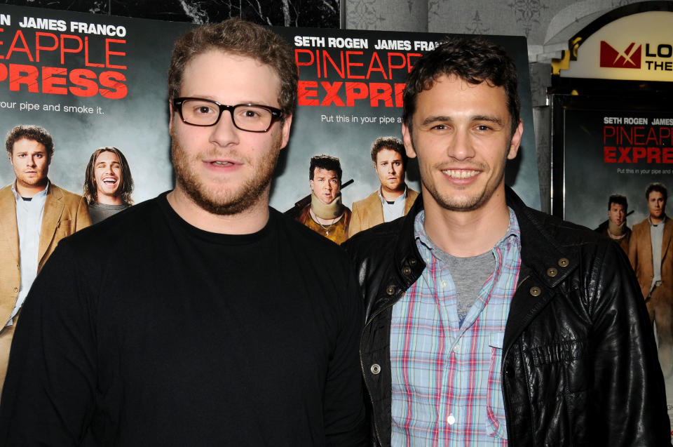 Seth Rogen and James Franco standing together at the "Pineapple Express" premiere