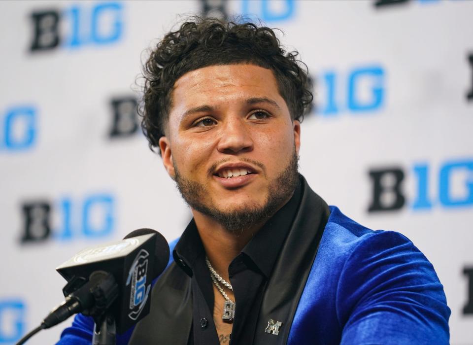 Michigan running back Blake Corum speaks to the media during Big Ten media days on Thursday, July 27, 2023, in Indianapolis.