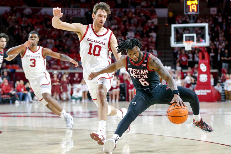 Texas Tech guard Joe Toussaint (6) works up court as he’s being defended by Oklahoma forward Sam Godwin (10) in the first half during an NCAA basketball game between University of Oklahoma (OU) and Texas Tech at the Lloyd Noble Center in Norman, Okla., on Saturday, Jan. 27, 2024.