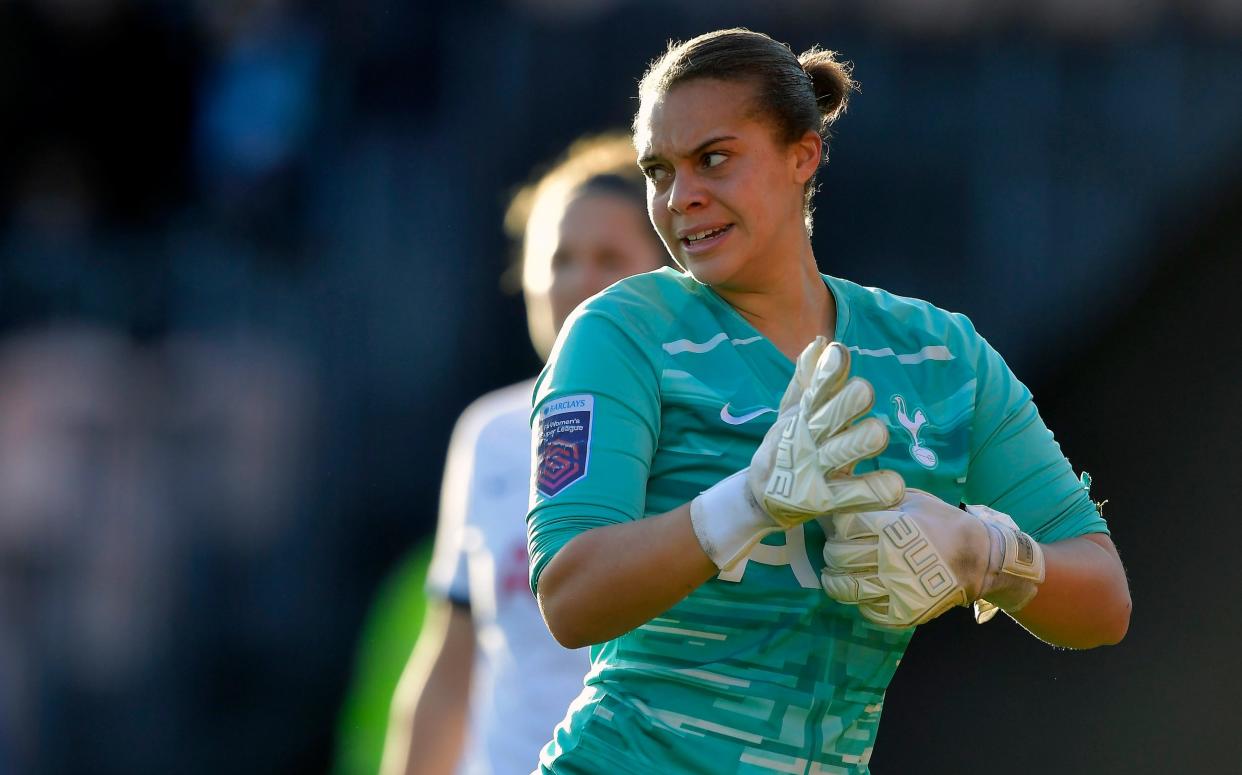 Becky Spencer of Tottenham Hotspur in action during the Barclays FA Women's Super League match between Tottenham Hotspur and West Ham United at The Hive on January 12, 2020 in Barnet, United Kingdom