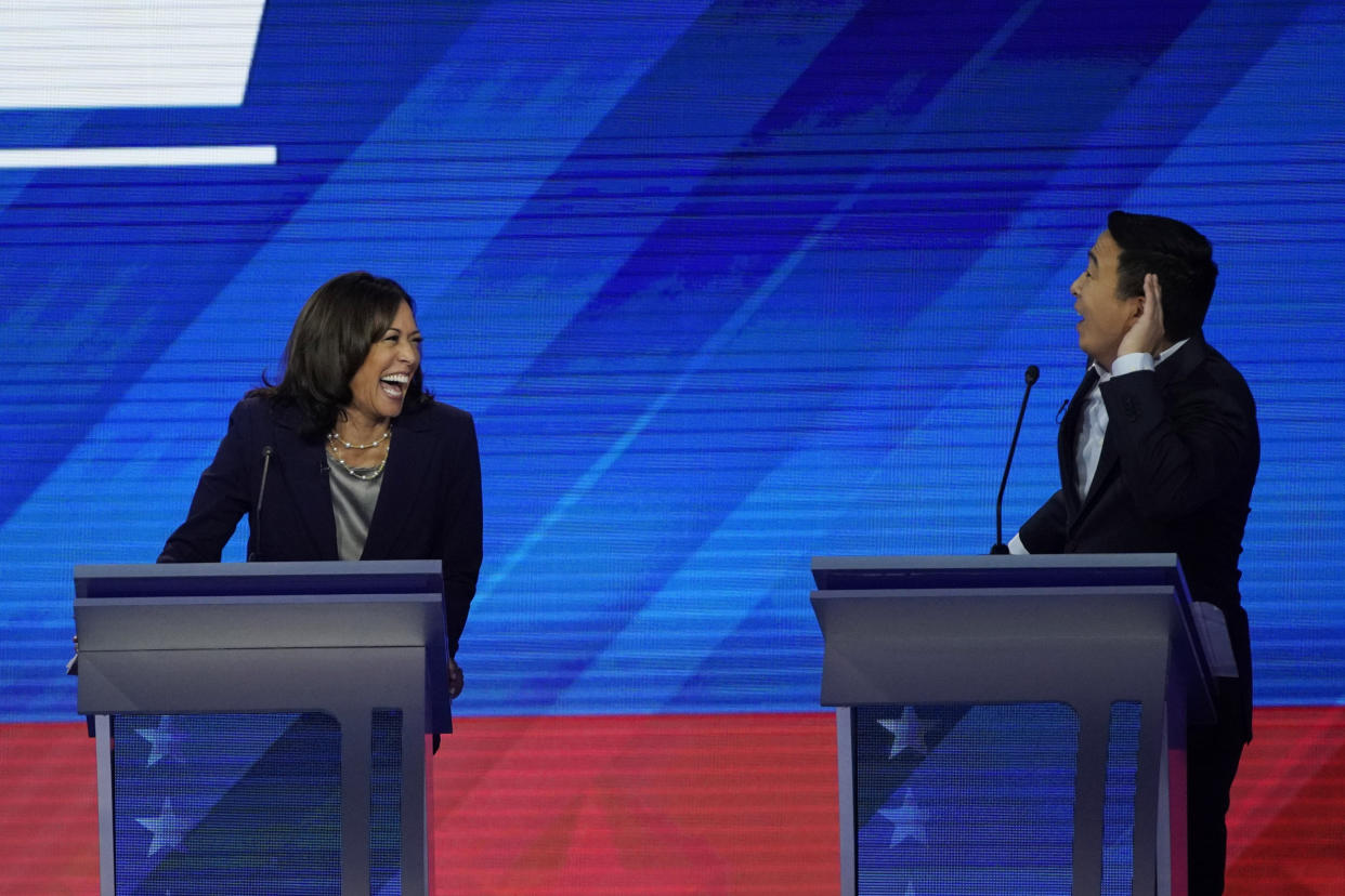 Sen. Kamala Harris (D-Calif.) reacts to entrepreneur Andrew Yang on Sept. 12, 2019, during a Democratic presidential primary debate hosted by ABC at Texas Southern University in Houston. (Photo: AP Photo/David J. Phillip)