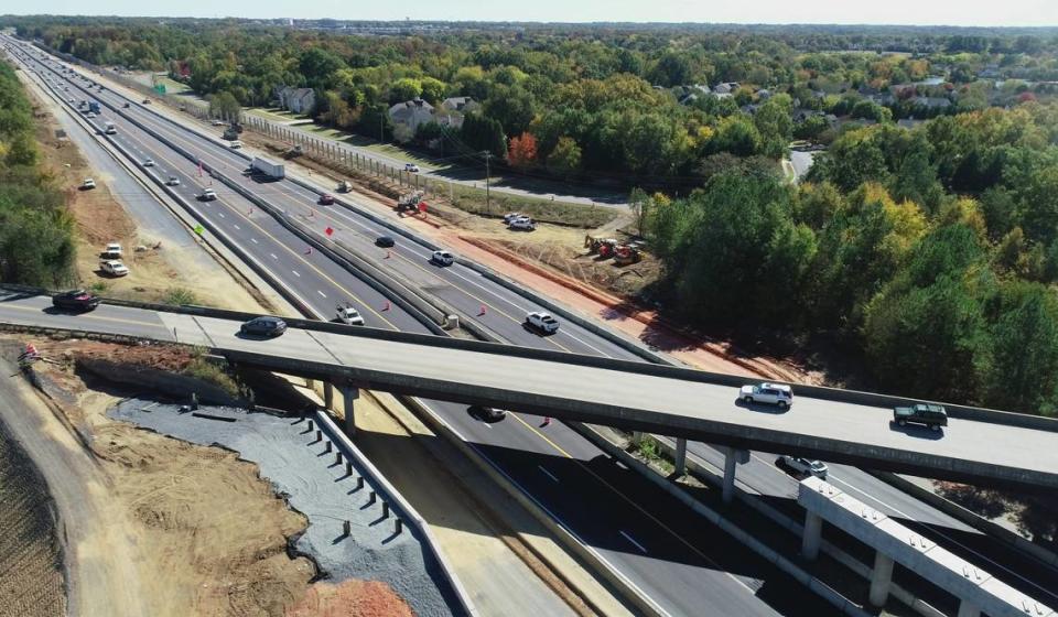 The I-485 Express Lanes project includes replacing the current two-lane Ballantyne Commons Parkway bridge with a new four-lane bridge.