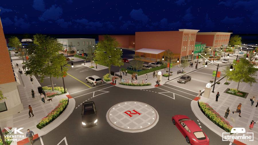 Rendering of the planned downtown roundabout at Rock Island’s 2nd Avenue and 18th Street (City of Rock Island)
