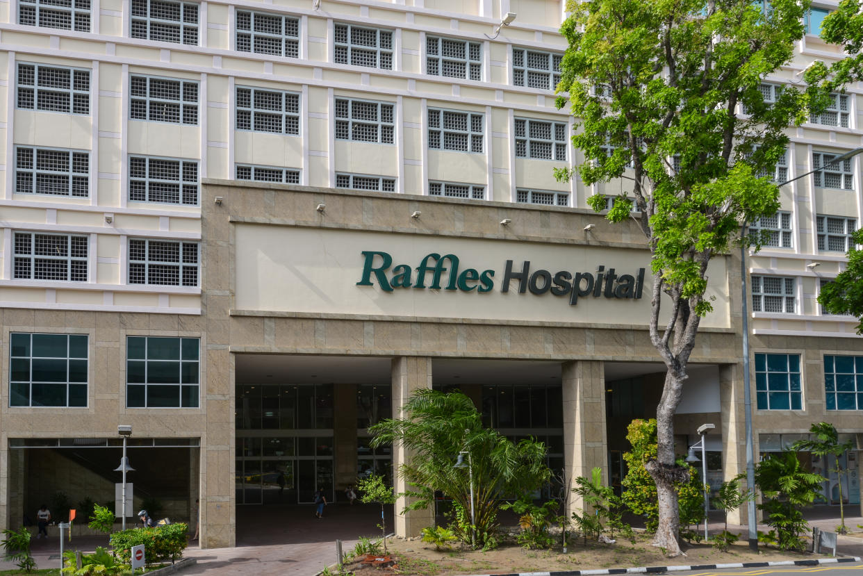 Singapore - December 4, 2019: Entrance to the Raffles Hospital in Singapore.(the flagship of the Raffles Medical Group) in Singapore.