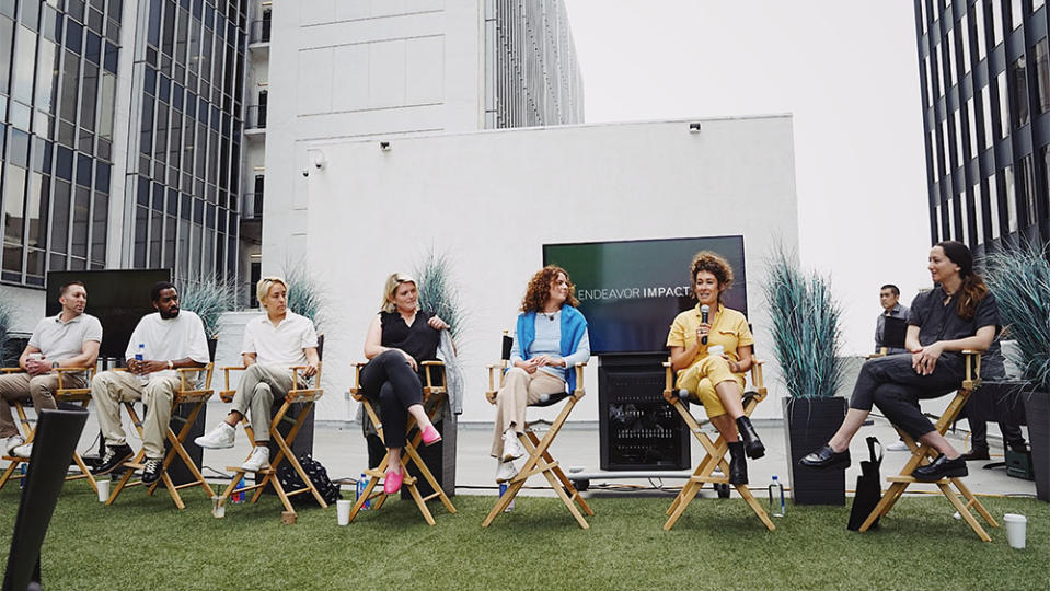 WME clients Chad Hodge, Maurice Williams, Ash Perez, Eliza Clark, Natalie Krinsky, Leah Rachel, Annie Julia Wyman at the WME and Writers Guild Foundation Host Emerging Writers Workshop