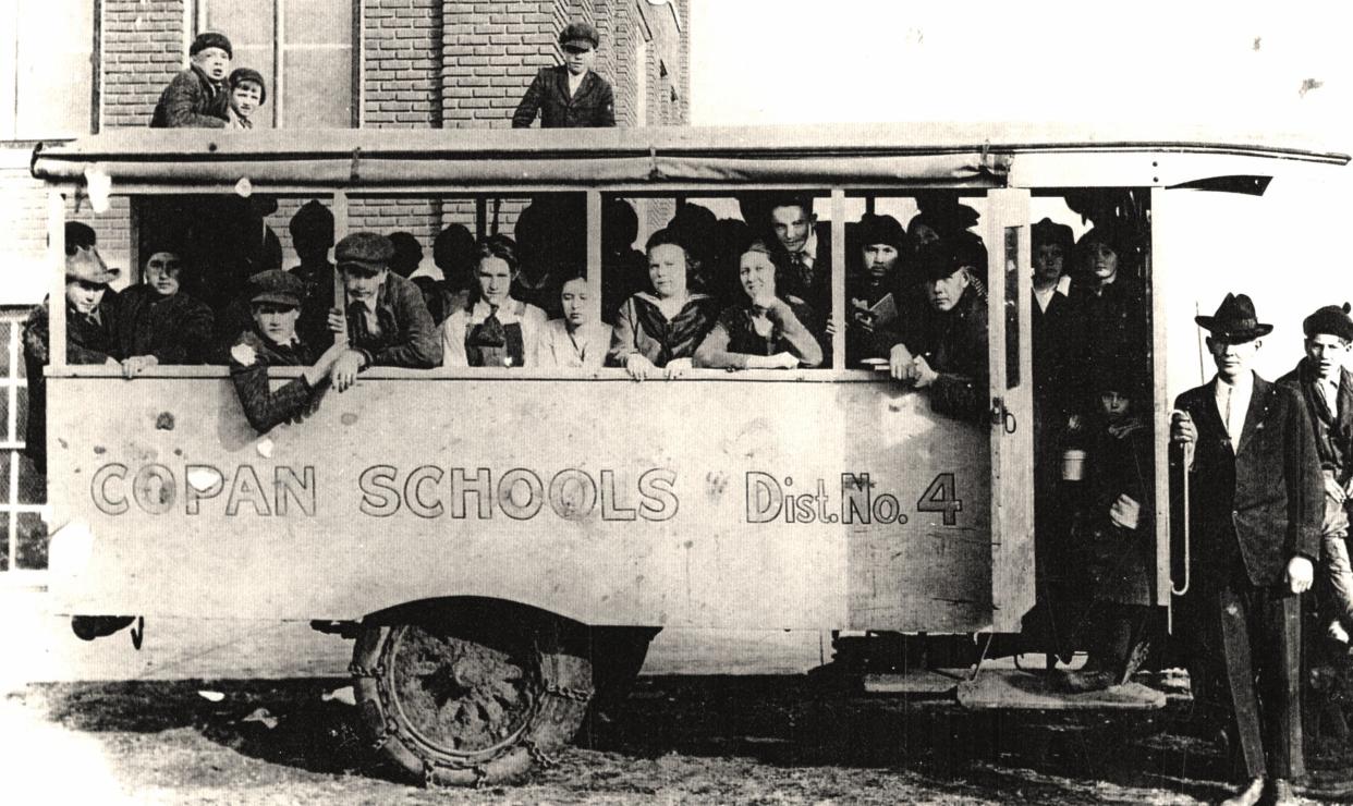 Copan Schools District No. 4 School bus, built by Fletcher Pomeroy in 1920