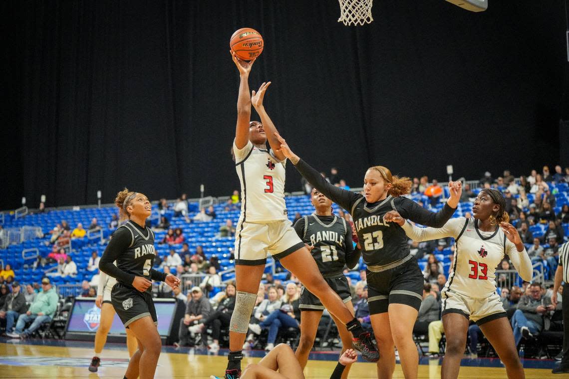 Frisco Liberty’s Jacy Abii goes up for two of her game-high 17 points against Richmond Randle in a Class 5A state semifinal on Thursday, February 29, 2024 at the Alamodome in San Antonio, Texas. Liberty defeated Randle 66-37. Whitney Magness/University Interscholastic League