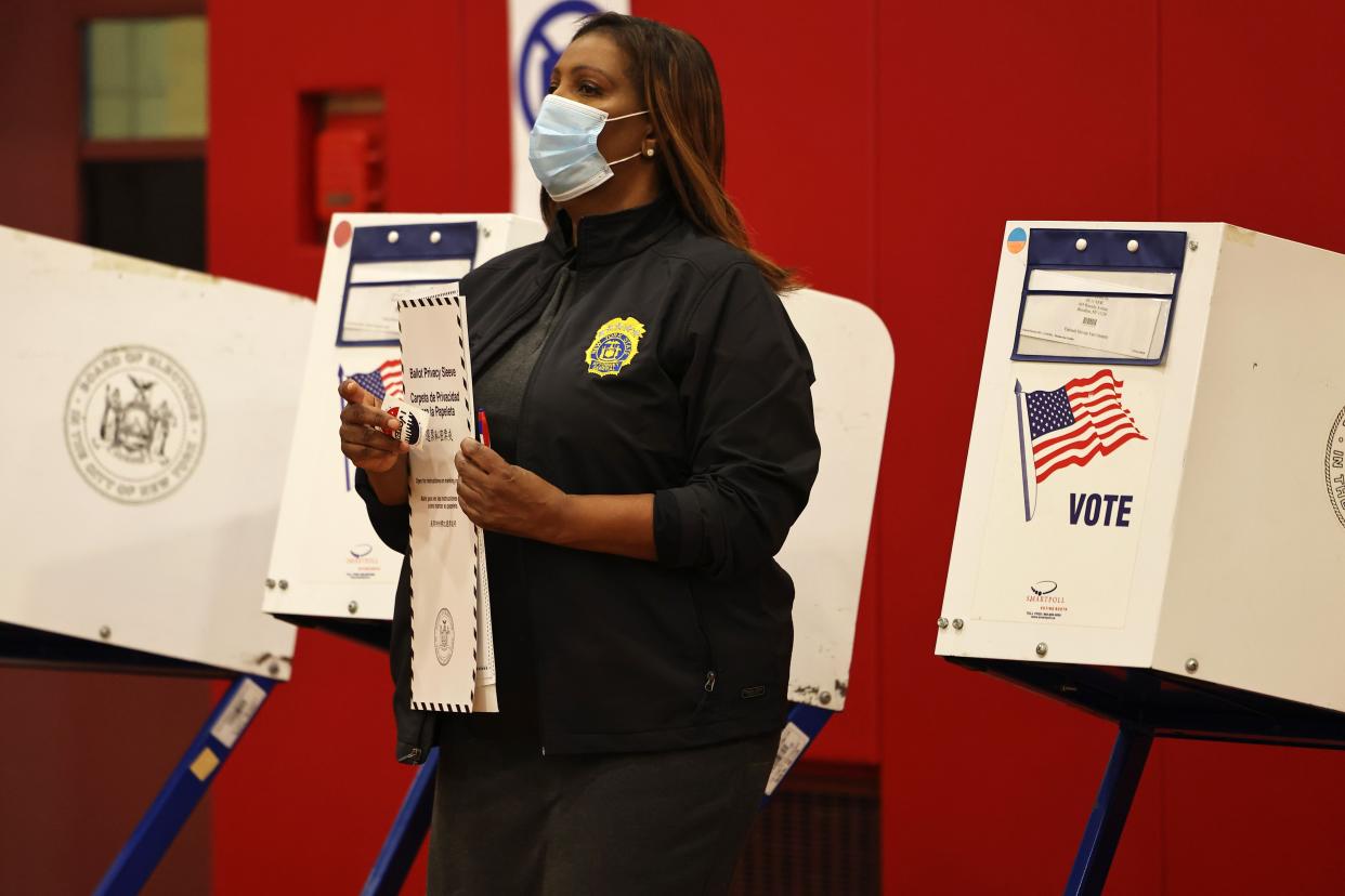 New York Attorney General and gubernatorial candidate Letitia James carries her ballot on Election Day at P.S. 11 Purvis J. Behan Elementary on Nov. 02, 2021, in the Clinton Hill neighborhood of Brooklyn.