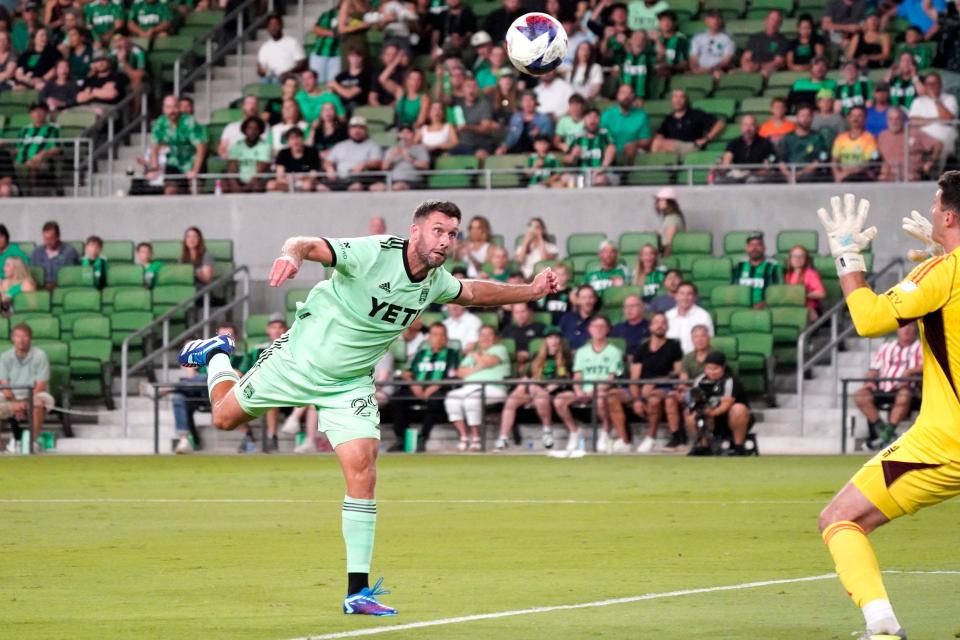 Austin FC forward Will Bruin heads the ball to score a goal against D.C. United in the first half at Q2 Stadium on Wednesday night. El Tree is in 10th place with two matches to play as it tries to secure that ninth and final playoff spot.