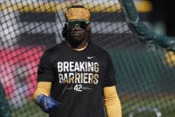 Oakland Athletics' Lawrence Butler wears a shirt for Jackie Robinson Day during batting practice before the team's baseball game against the St. Louis Cardinals, Monday, April 15, 2024, in Oakland, Calif. (AP Photo/Godofredo A. Vásquez)