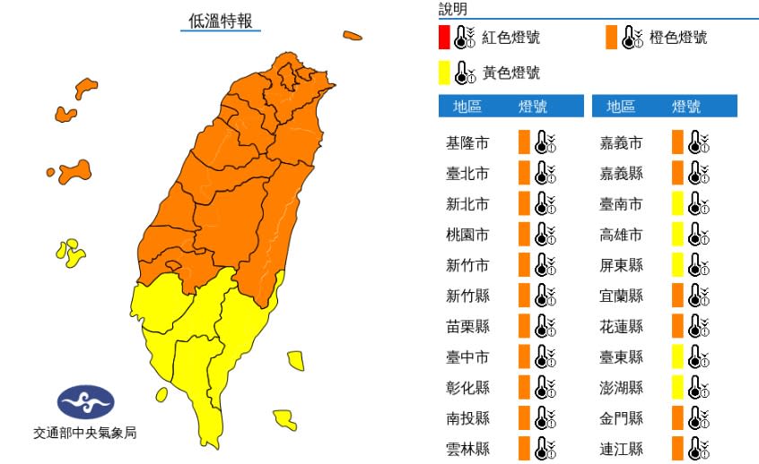 全台低溫特報（中央氣象局）