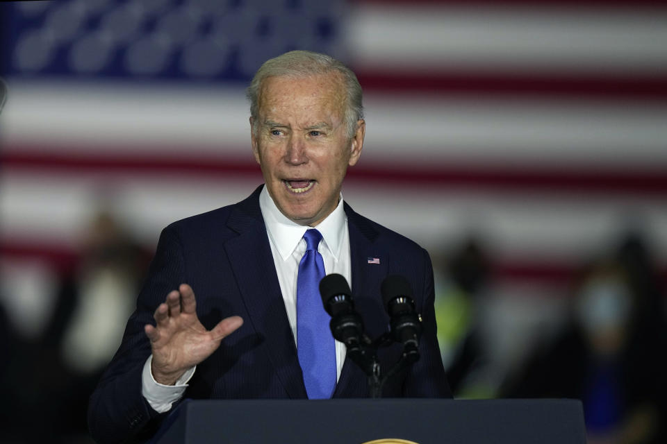 President Joe Biden talks about infrastructure during an event at the Kansas City Area Transit Authority Wednesday, Dec. 8, 2021, in Kansas City, Mo. (AP Photo/Charlie Riedel)