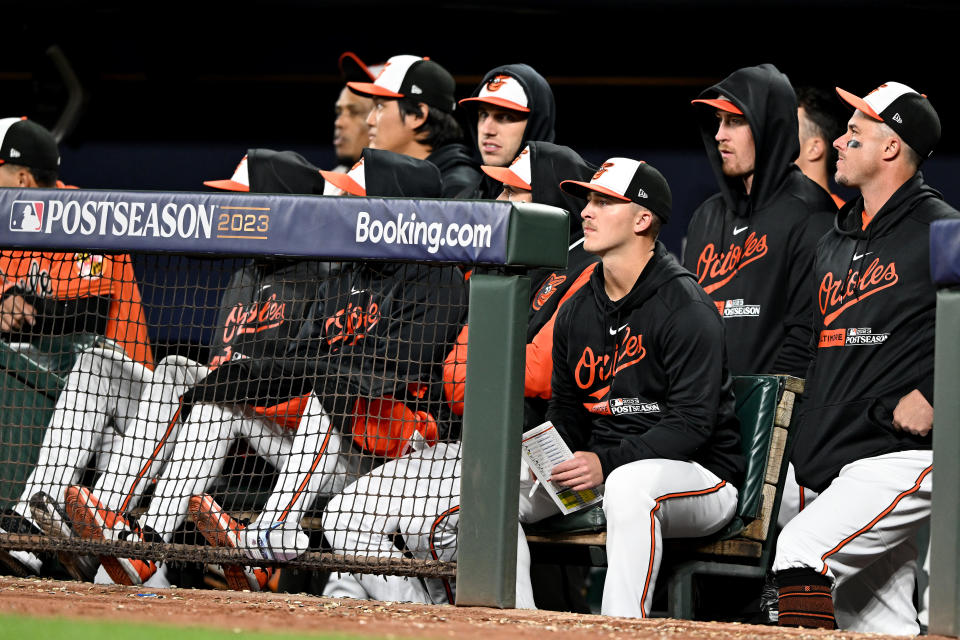 BALTIMORE, MARYLAND - OCTOBER 08: The Baltimore Orioles look on during the ninth inning against the Texas Rangers in Game Two of the Division Series at Oriole Park at Camden Yards on October 08, 2023 in Baltimore, Maryland. (Photo by Greg Fiume/Getty Images)