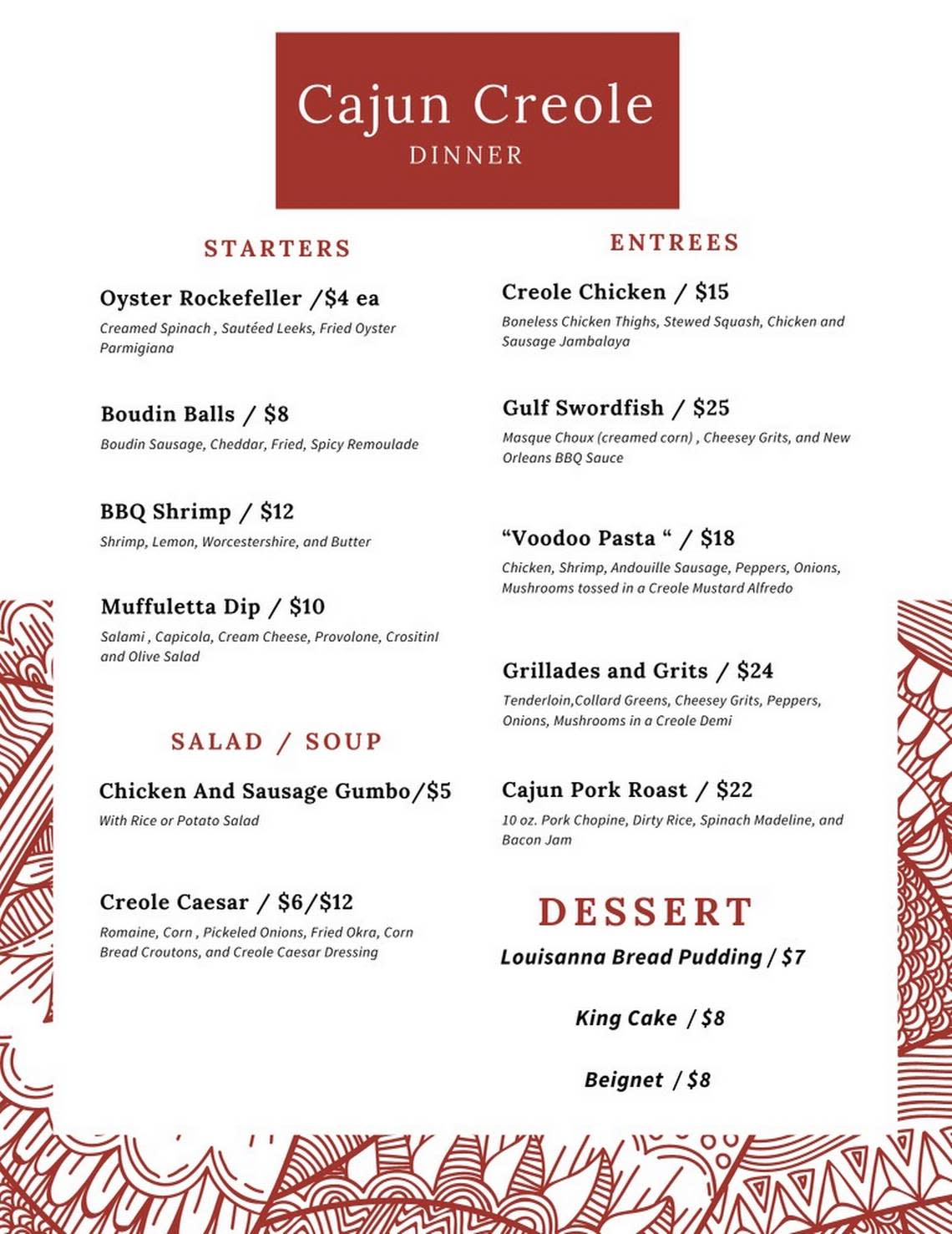 The dinner menu for Magnolia Cafe’s pop-up dinner on Saturday