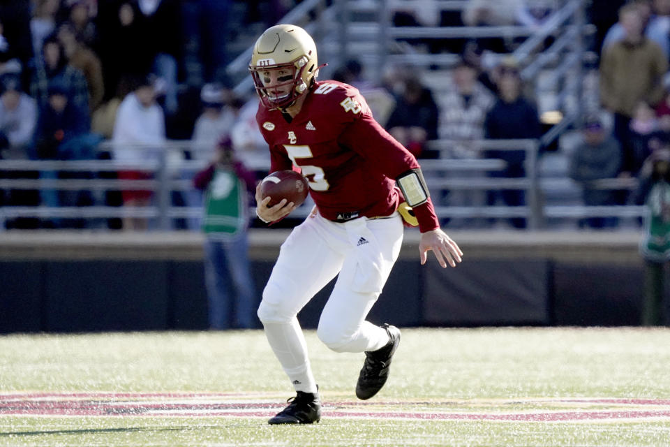 Boston College quarterback Phil Jurkovec faced a heavy rush against Florida State and struggled. (AP Photo/Mary Schwalm)