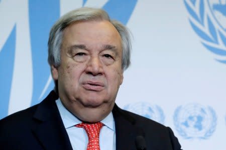 FILE PHOTO: United Nations Secretary-General Antonio Guterres gives a statement after delivering a speech on disarmament and denuclearization at the University of Geneva (UNIGE) in Geneva, Switzerland, May 24, 2018. REUTERS/Denis Balibouse/File Photo