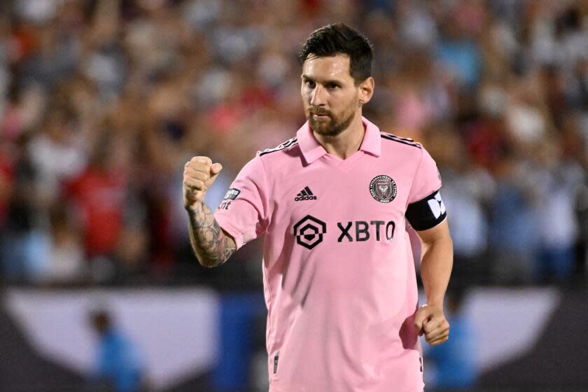 FRISCO, TEXAS - AUGUST 06: Lionel Messi #10 of Inter Miami CF reacts after making his penalty kick.