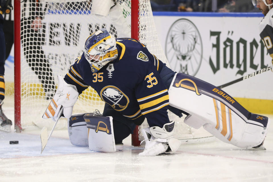 Buffalo Sabres goalie Linus Ullmark (35) watches the puck go in the net during the second period of an NHL hockey game against the Vegas Golden Knights, Tuesday, Jan. 14, 2020, in Buffalo, N.Y. (AP Photo/Jeffrey T. Barnes)