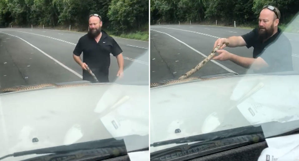 David Mills, who was driving, removes the snake with a stick. Source: Facebook/ Rebecca Mills