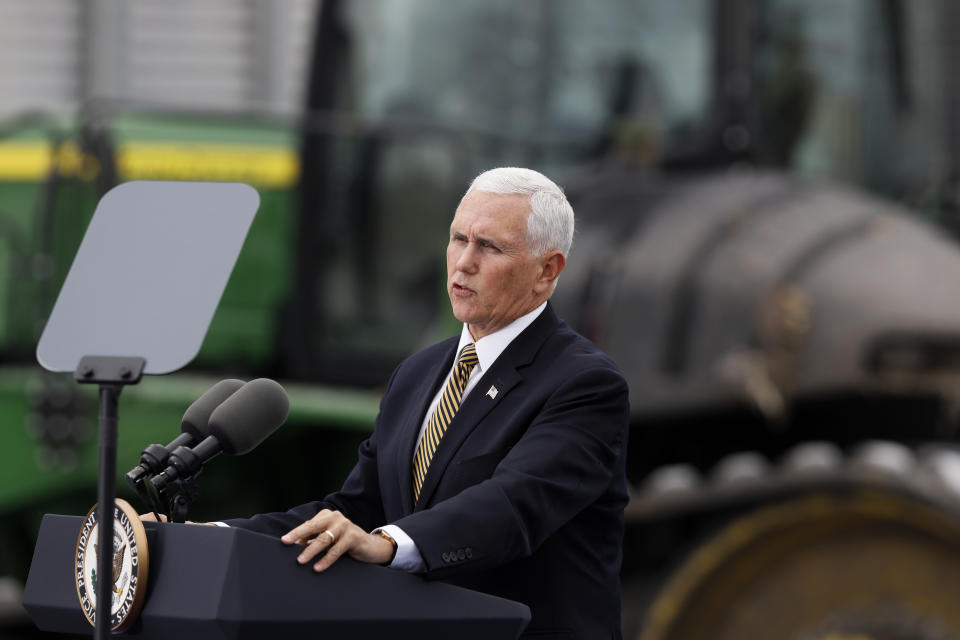 Vice President Mike Pence speaks during a visit to the Manning Farms, Wednesday, Oct. 9, 2019, in Waukee, Iowa. (AP Photo/Charlie Neibergall)