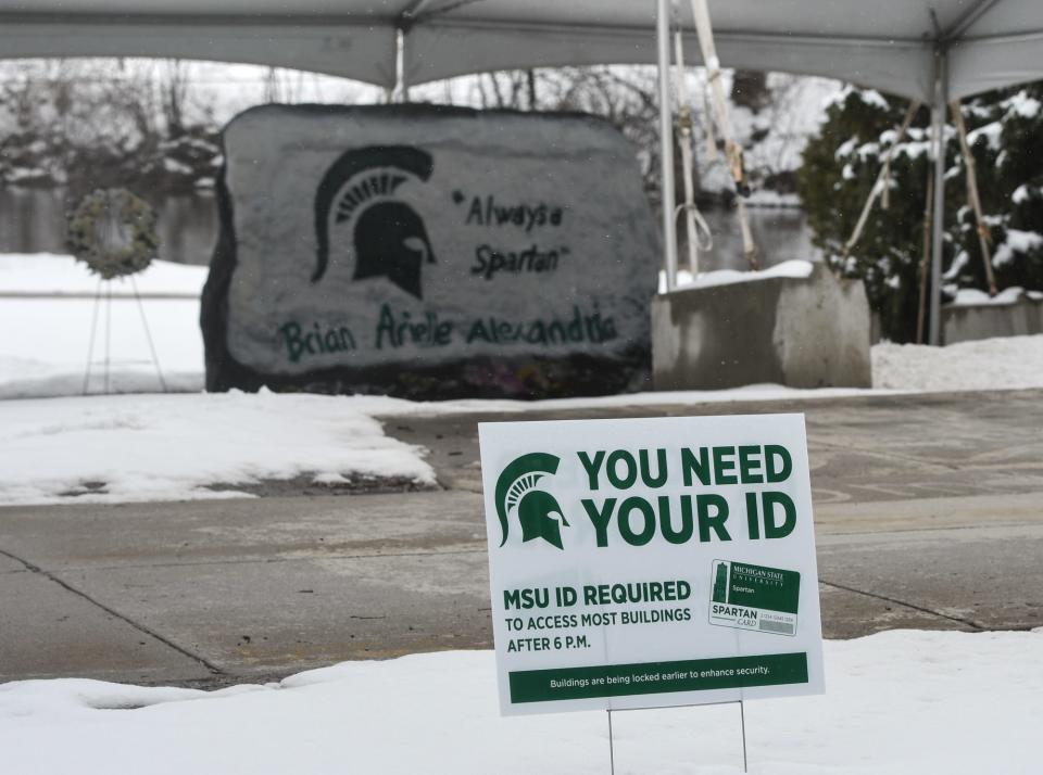 Signage seen on the Michigan State University campus near the Rock on Farm Lane seen Friday, March 10, 2023.