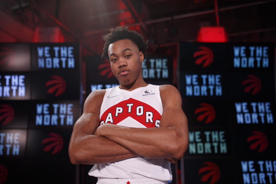 Toronto Raptors' Scottie Barnes poses for a photograph at Scotiabank Arena during the NBA basketball team's media day in Toronto, Monday, Sept. 27, 2021. (Cole Burston/The Canadian Press via AP)