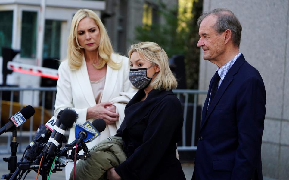 Victim Danielle Bensky, accompanied by her attorneys David Boies and Sigrid McCawley, speaks to the media outside Manhattan Federal Court - Reuters