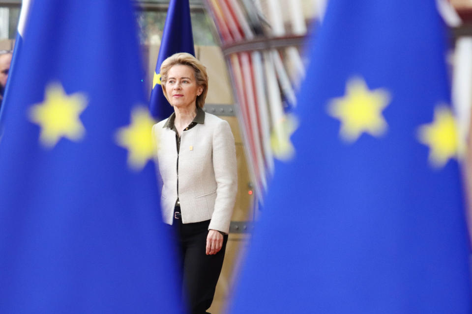 President of European Commission Ursula von der Leyen as seen arriving on the red carpet with the EU flags in the background, at the special European Council EUCO, EURO summit, EU leaders meeting in Brussels, Belgium about the future planning of the next long term budget of the European Union - EU on February 21, 2020. (Photo by Nicolas Economou/NurPhoto via Getty Images)