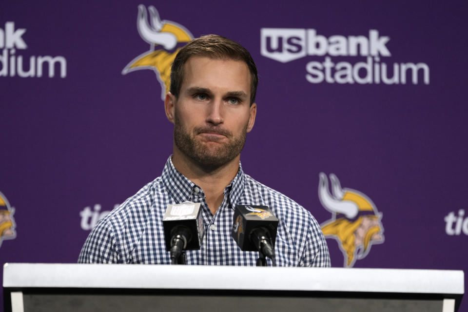 Minnesota Vikings quarterback Kirk Cousins speaks during a news conference after an NFL football game against the Los Angeles Chargers, Sunday, Sept. 24, 2023, in Minneapolis. The Chargers won 28-24. (AP Photo/Abbie Parr)