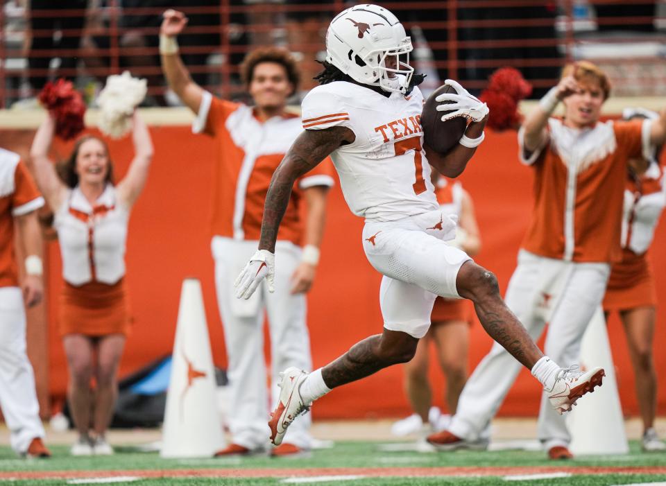 Texas wide receiver Isaiah Bond made a splash this spring, hauling in a touchdown pass during the Orange-White spring game at Royal-Memorial Stadium on April 20. The former Alabama wideout could become Texas' top target this season.