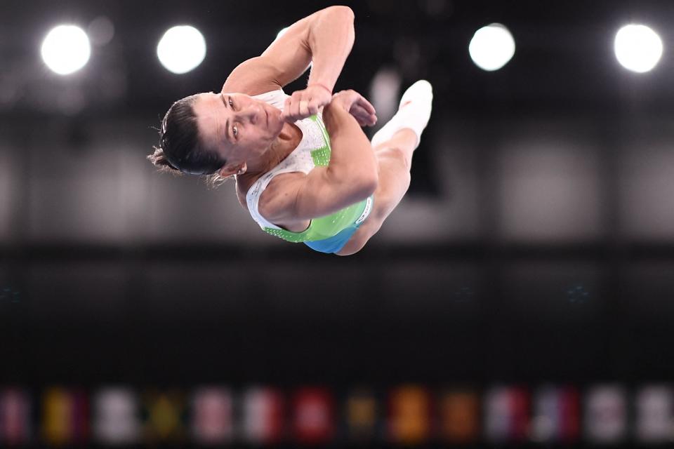 Chusovitina did two vaults during the qualification during the Tokyo 2020 Olympic Games. The 46-year-old received an average score of 14.166. / Credit: LOIC VENANCE/AFP via Getty Images