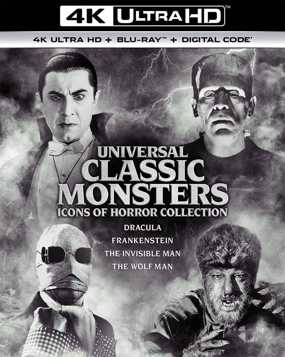 black and white cover with four monster on front